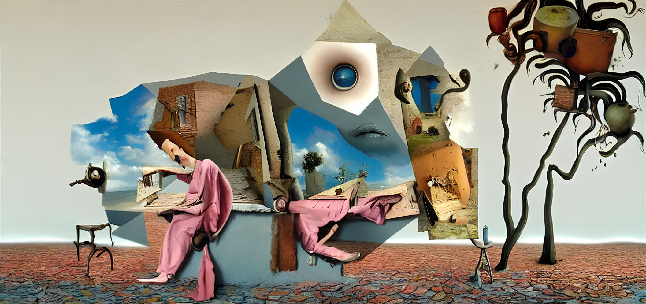 Surreal composite image of fragmented figure reading in pink