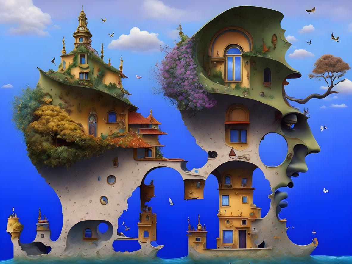 Whimsical floating face-shaped islands in surreal landscape