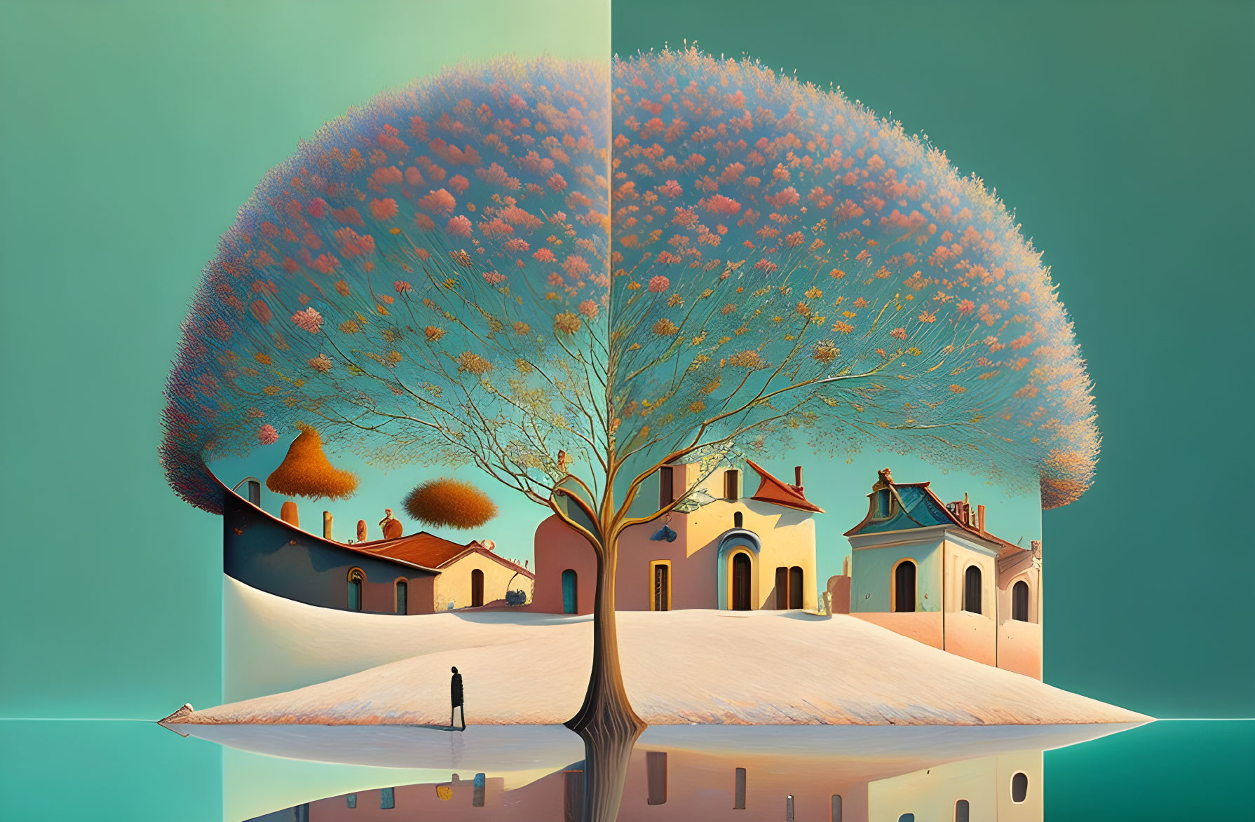 Surreal illustration: person under massive tree with blooming branches, mirrored whimsical buildings.