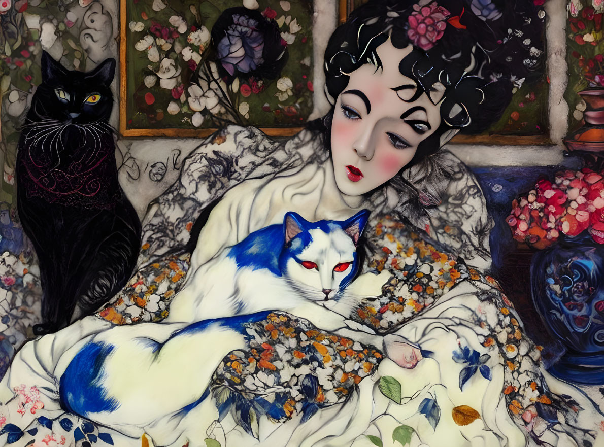 Illustrated woman with black and white cats in floral setting
