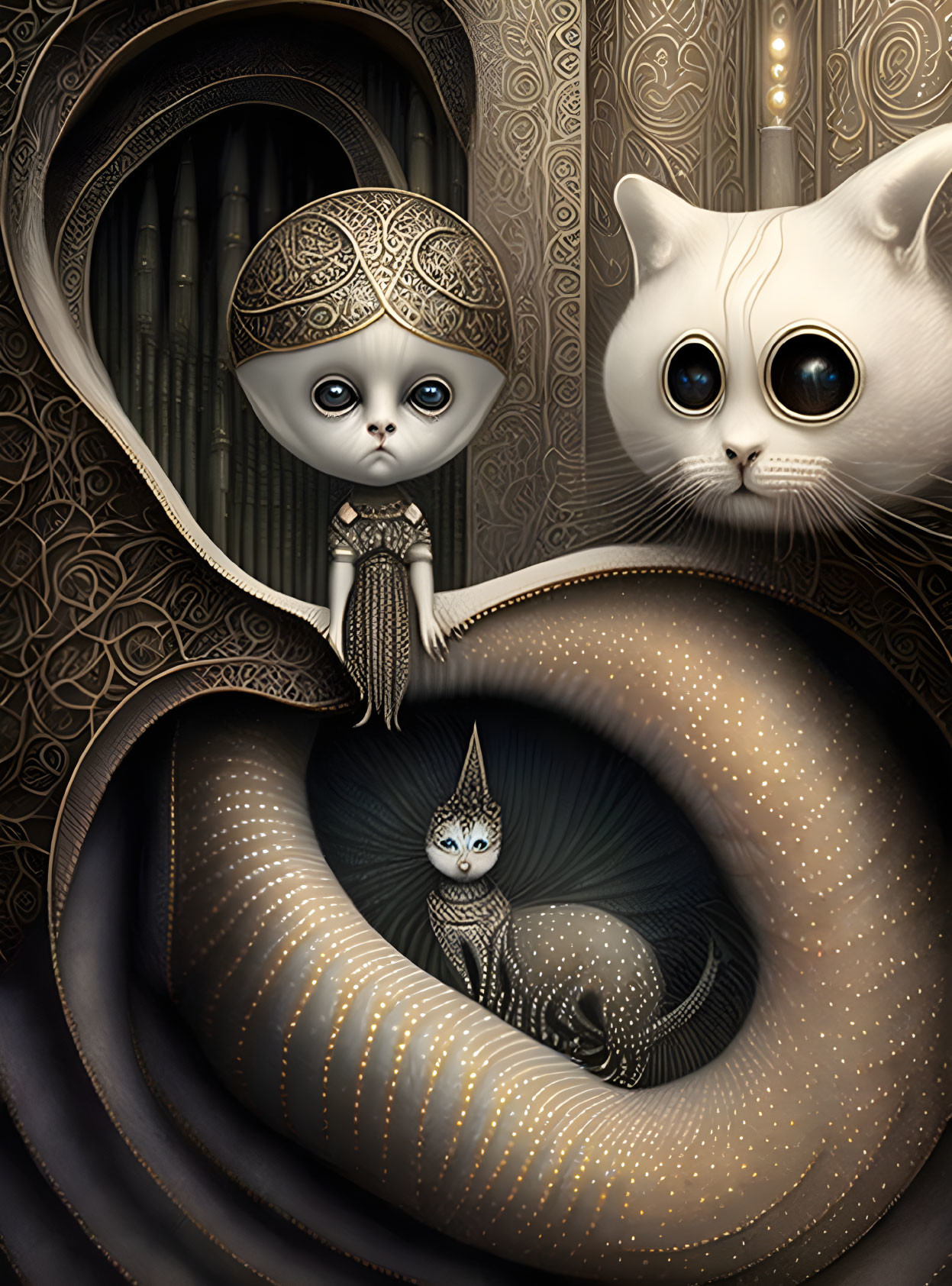 Surreal illustration of big-eyed child, white cat, and striped cat