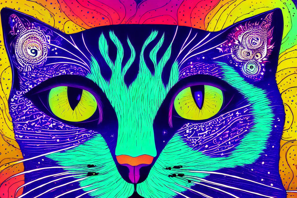 Colorful Psychedelic Cat Illustration on Gradient Background