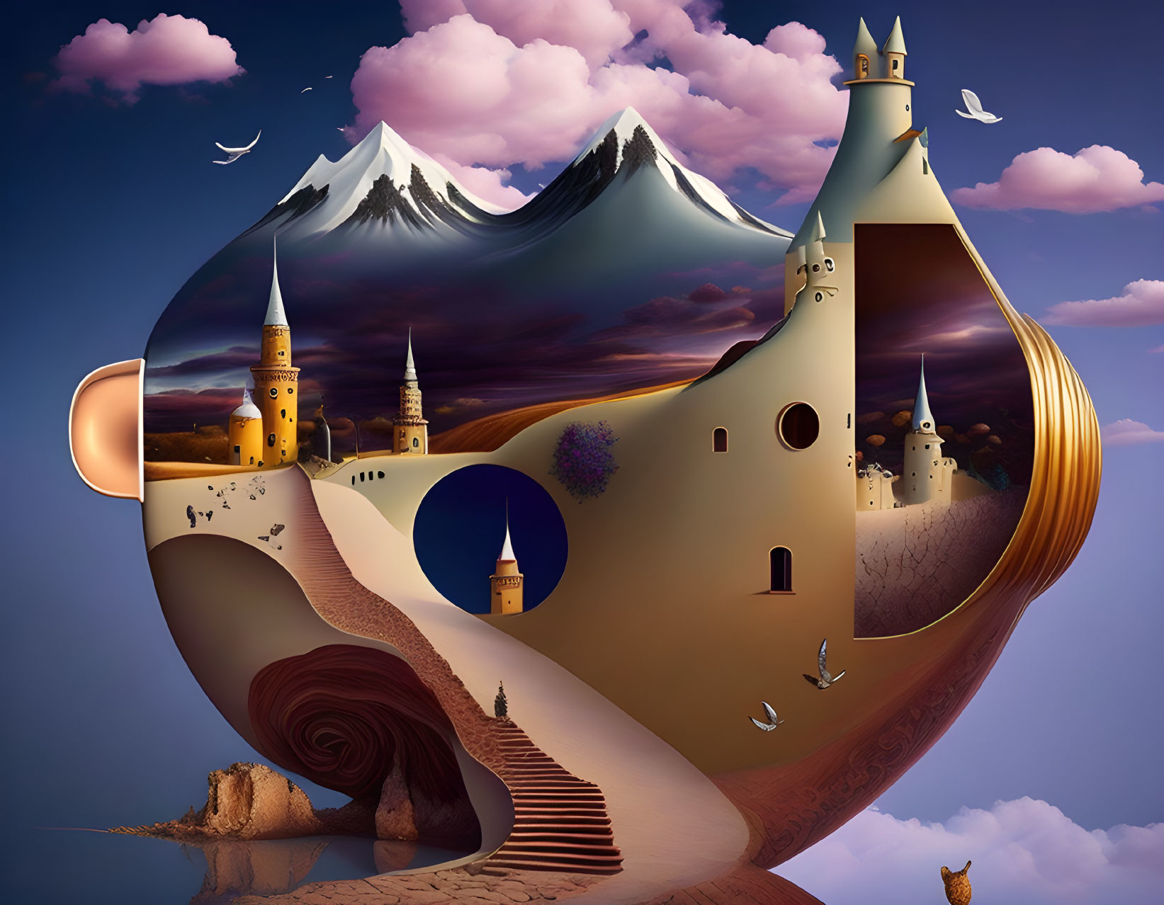 Violin-themed surreal landscape with castles, snowy mountains, birds, and whimsical elements