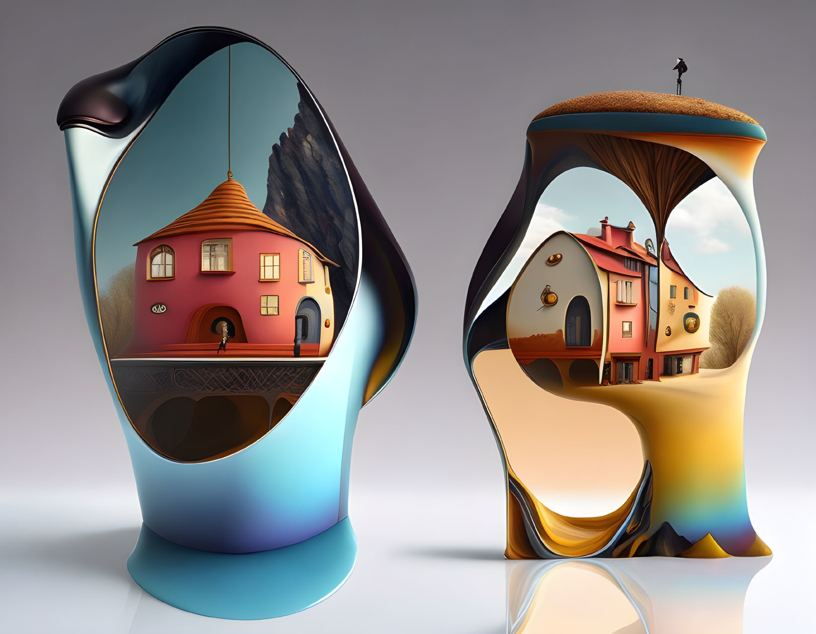 Surreal landscape sculptures: hourglass shape, whimsical houses, person on cliff
