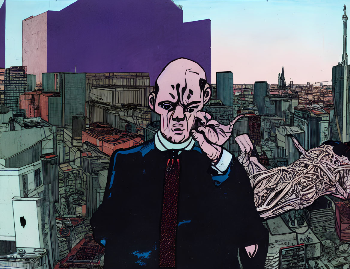 Bald Man in Suit Illustration with Stern Expression and Purple Sky