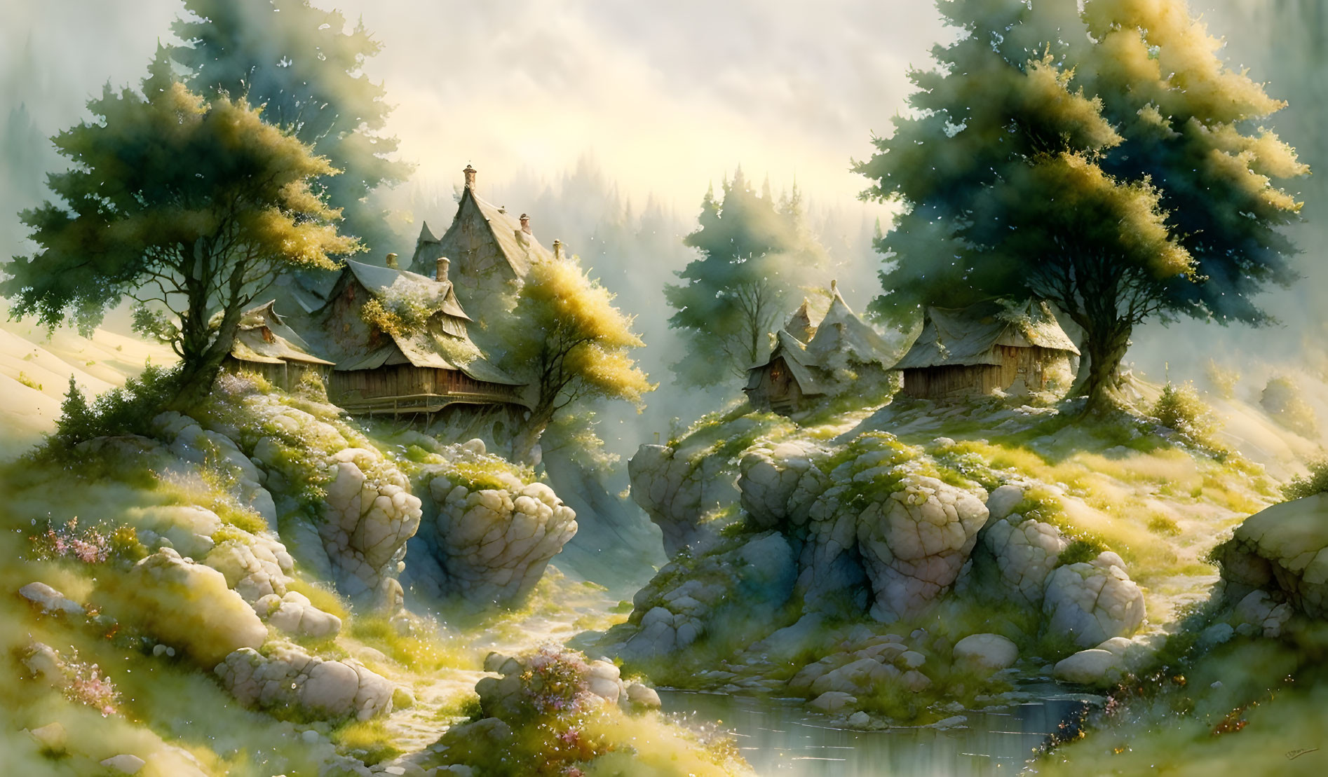 Fantasy landscape: stone cottages on boulders, lush greenery, misty ambiance