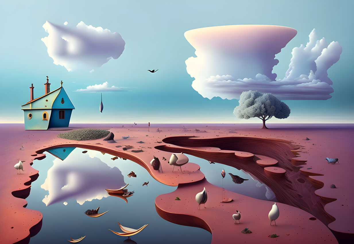 Surrealist landscape with floating island, whimsical house, birds, and tree