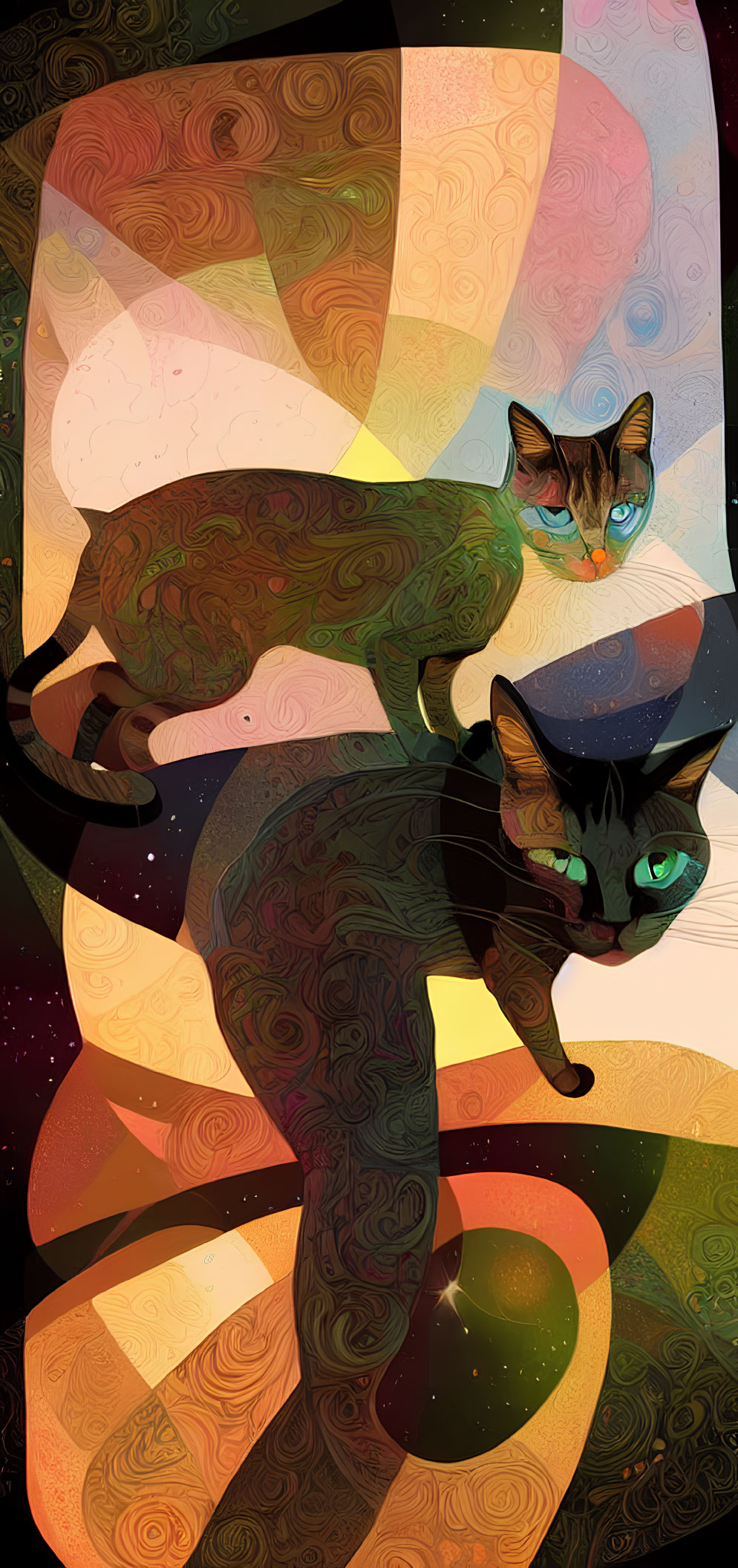 Colorful Abstract Digital Artwork: Stylized Cats with Swirling Patterns