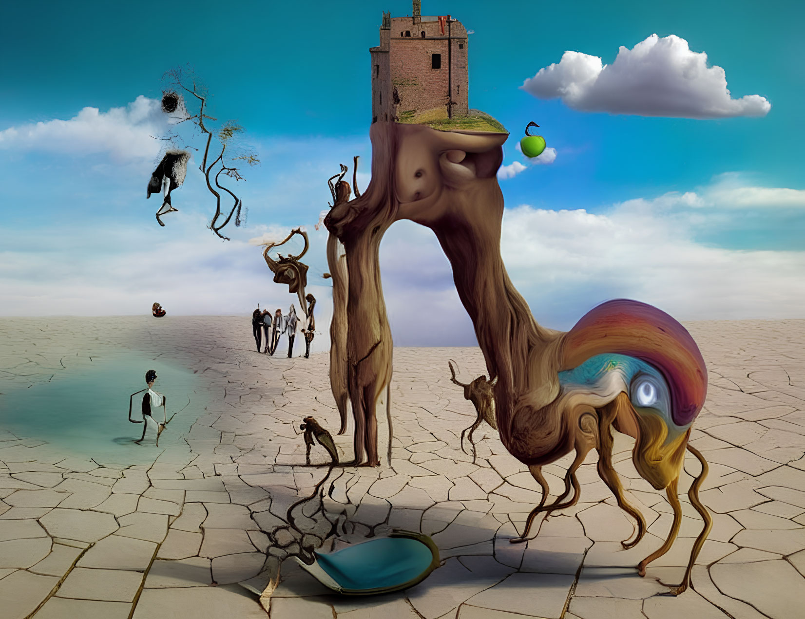 Surreal landscape with cracked desert, distorted creatures, floating objects, small figures, and solitary tower