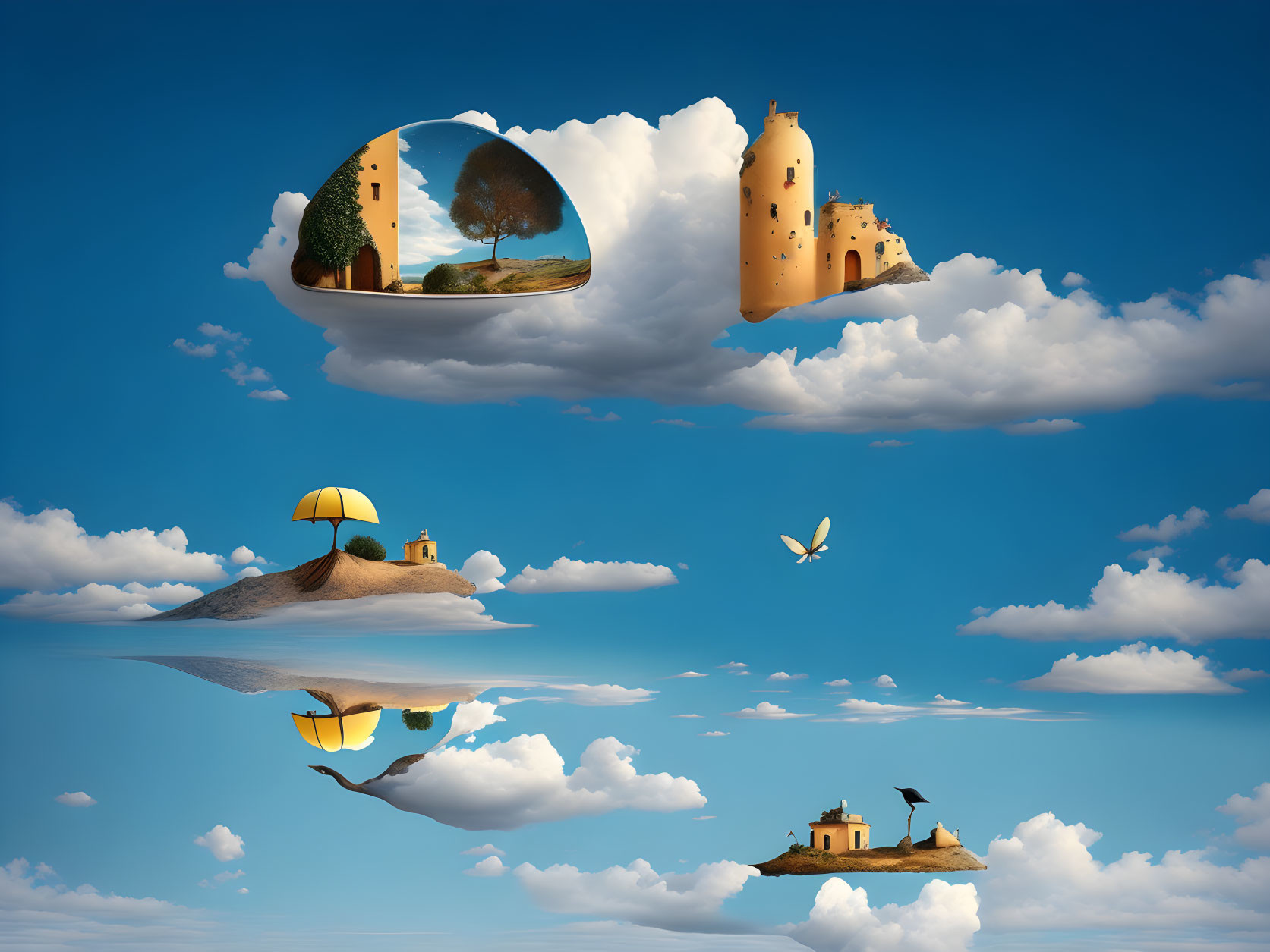 Surrealistic house and tower on floating clouds with mirrored landscape and butterfly.