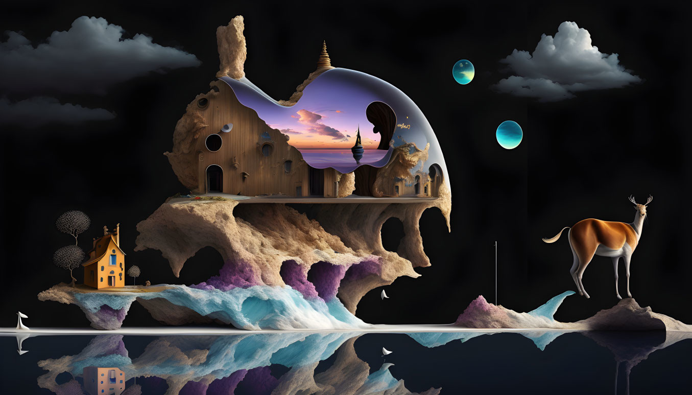 Surreal digital artwork: floating rocky island, deer, whimsical structures, serene water reflection,