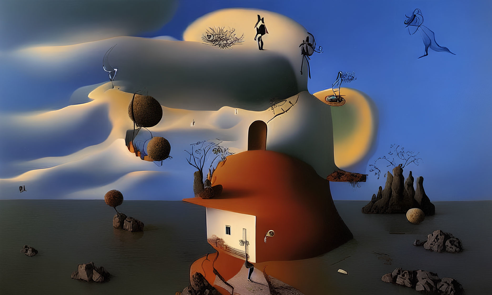 Surreal landscape with floating rocks, trees, violinist, hill-shaped house, and more