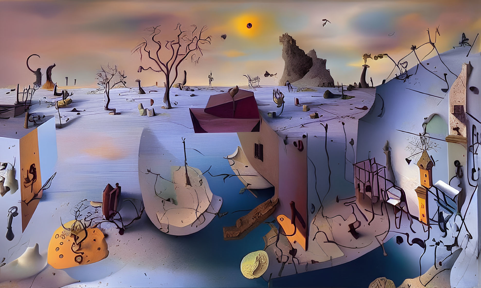 Surreal landscape with distorted houses, barren trees, and desert terrain under dusky sky