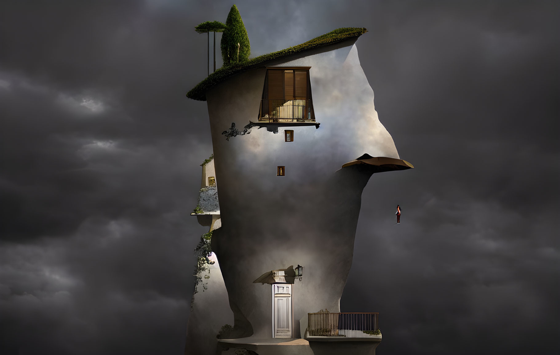 Surreal tower-like structure with rooftop garden in stormy sky.
