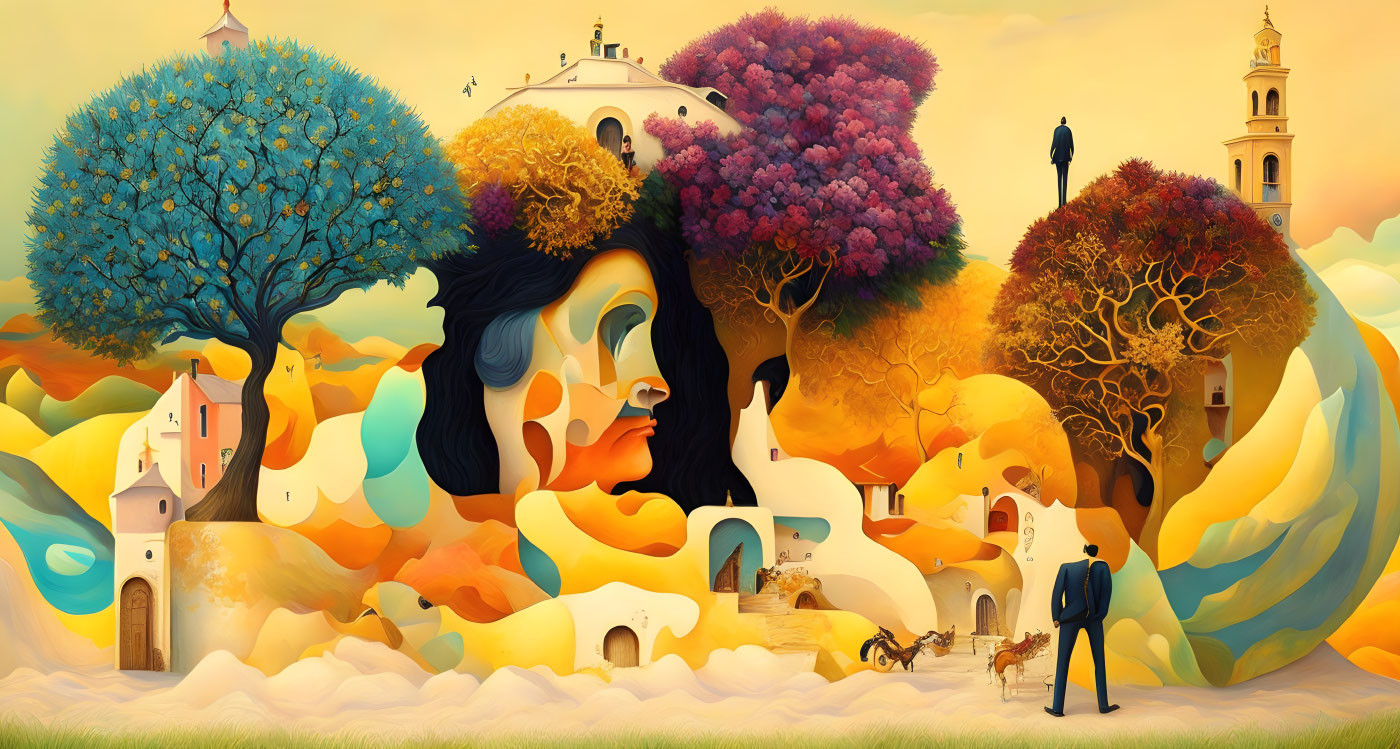 Woman's face merges with colorful landscape in surreal artwork