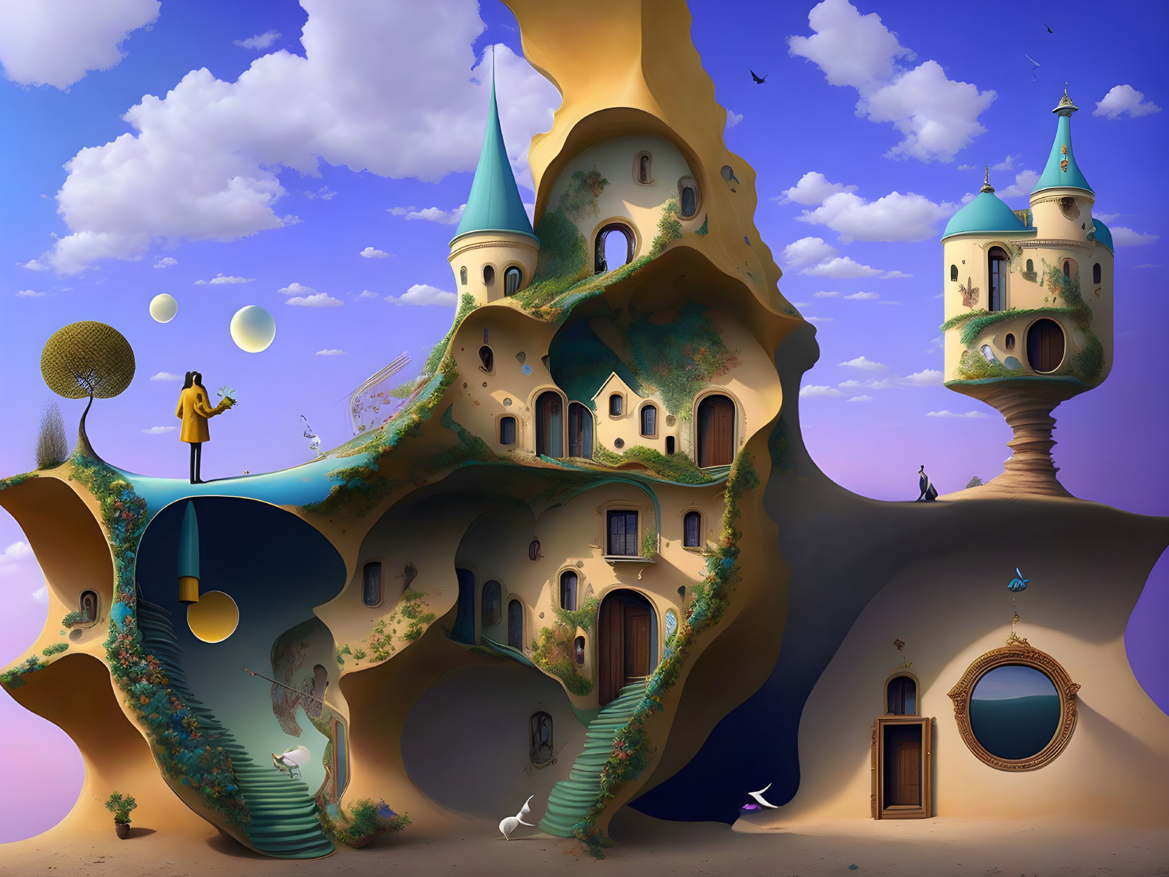 Fantasy landscape with organic castle, floating bubbles, and tiny figures