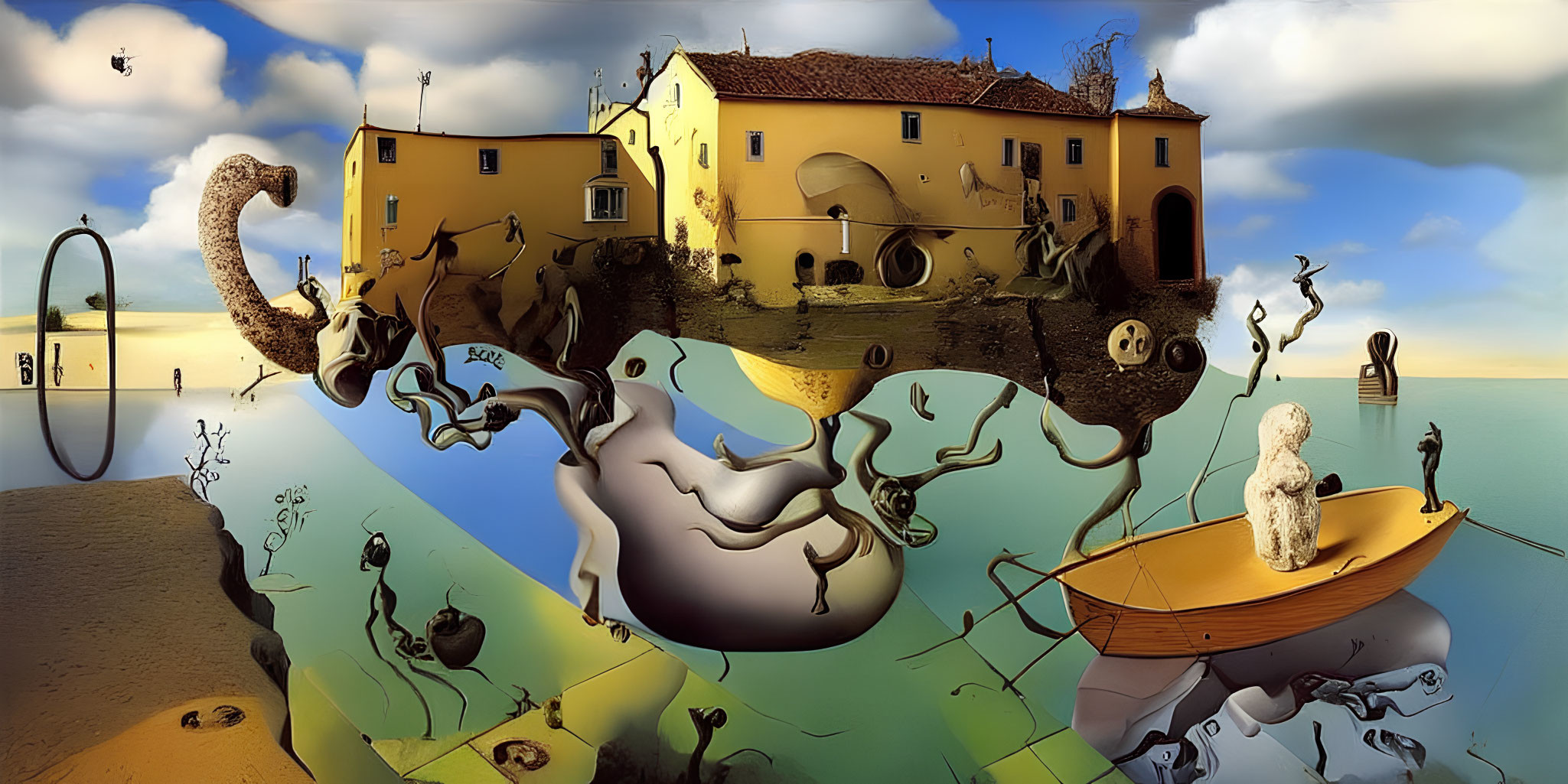 Surreal floating island with yellow building, melting clocks, tree, boat, and whimsical elements