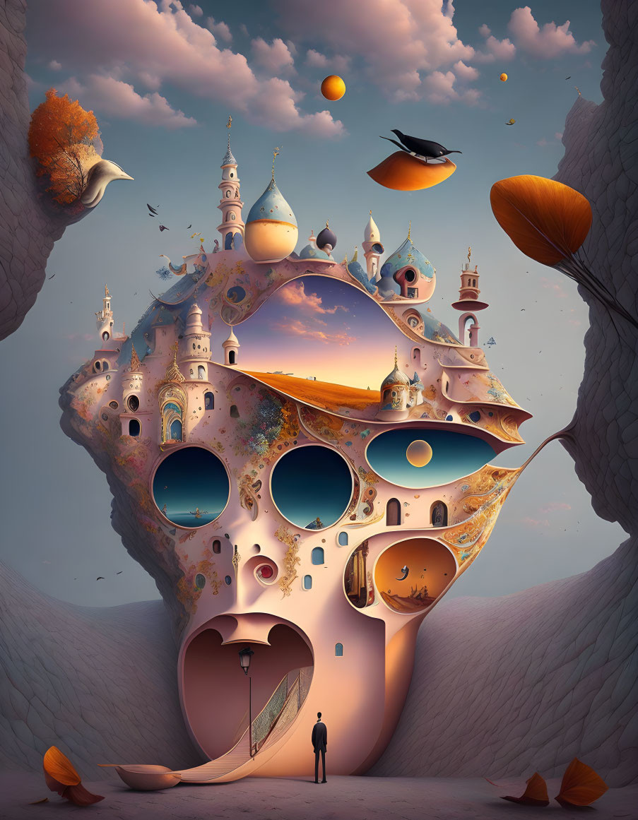 Surreal landscape with floating islands and whimsical castle-like structures