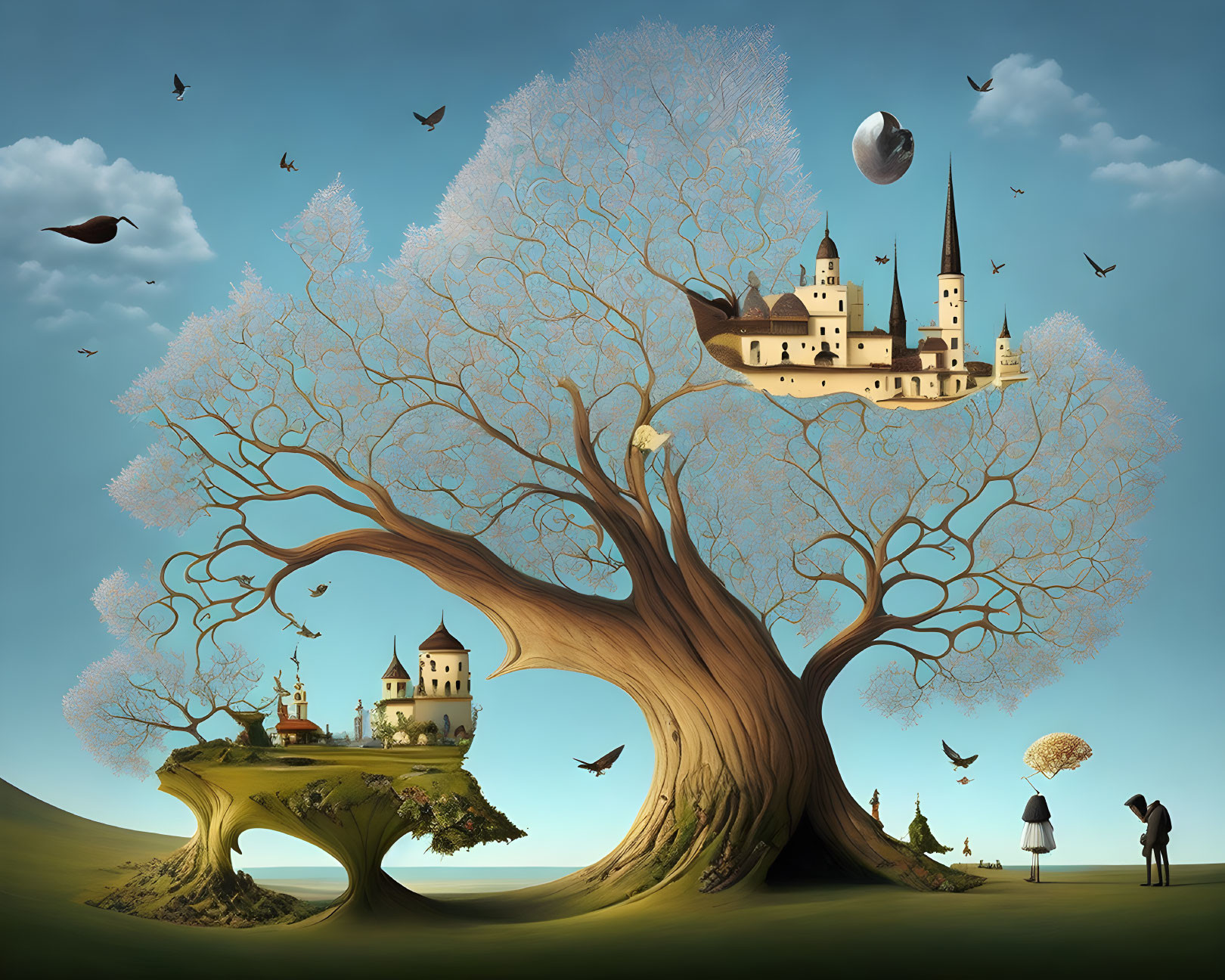 Fantasy artwork of giant tree with castles, birds, moon, and silhouettes