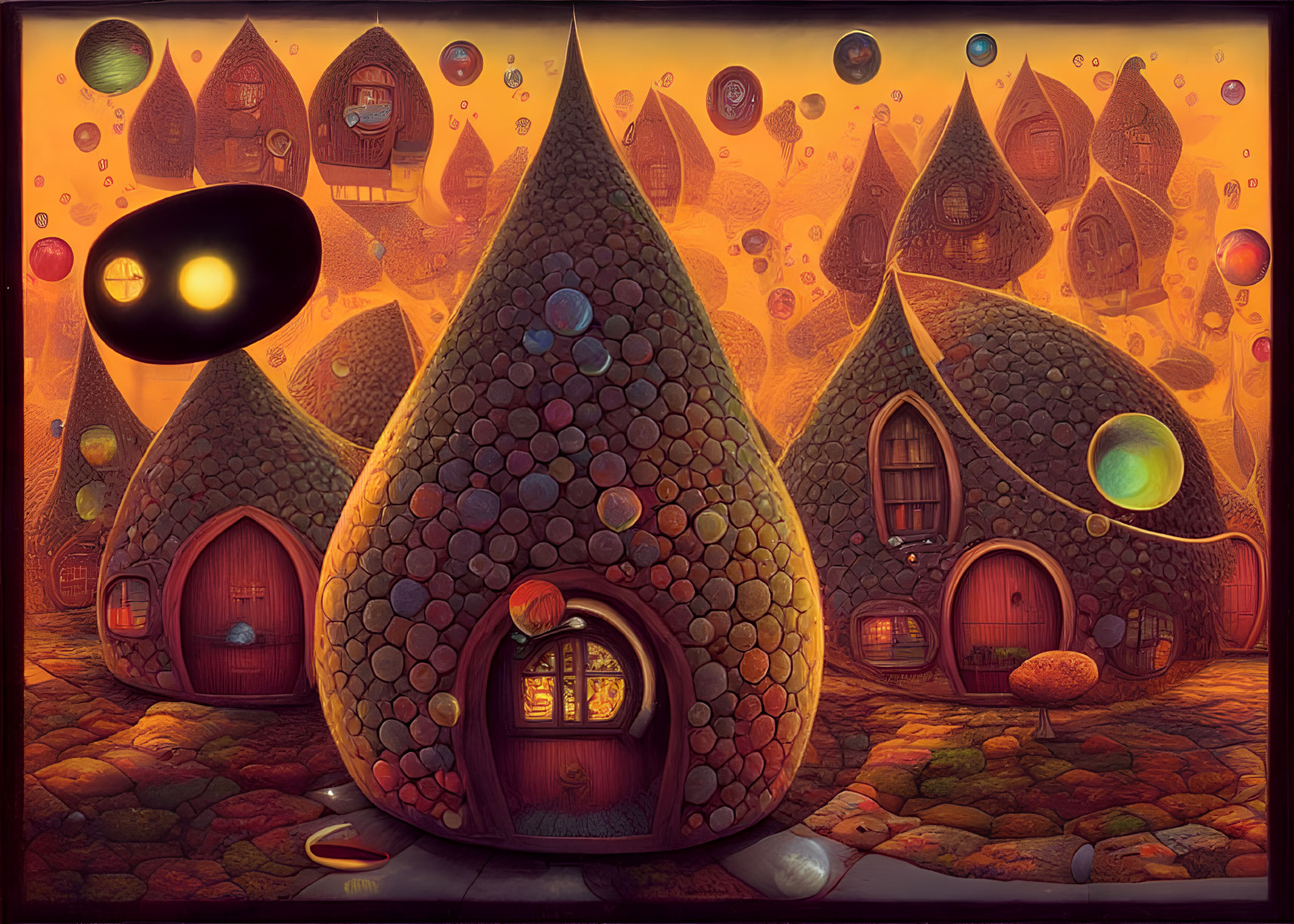 Whimsical pebble-covered houses in fantastical landscape