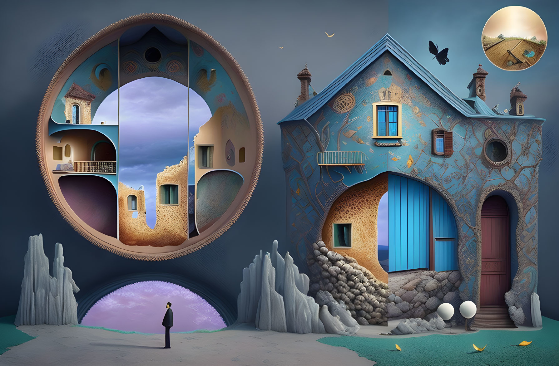 Surreal Artwork Featuring Person and Whimsical Structure with Round Doorways
