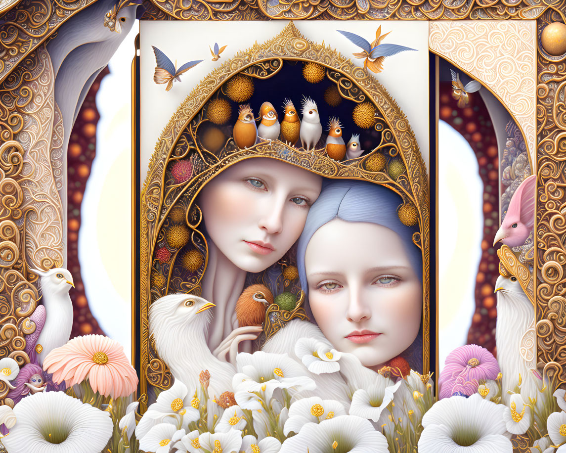 Surreal symmetrical illustration of two women's faces with ornate details
