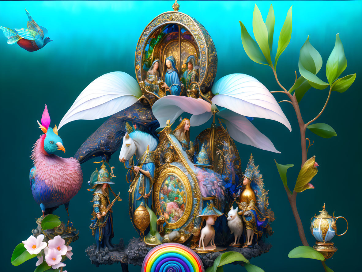 Colorful digital artwork: creatures, religious motifs, plants, rainbow on teal.