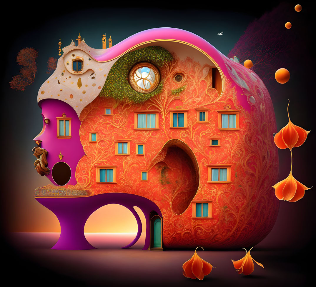 Whimsical digital artwork of orange fantasy building with eyes and mouth