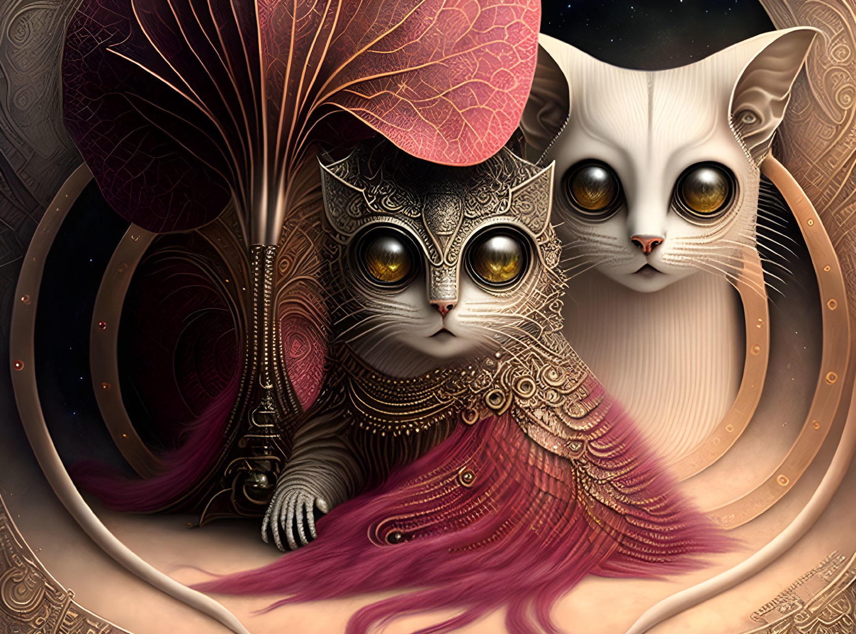 Surreal illustration of stylized cats with expressive eyes and leaf-like embellishments on taupe backdrop