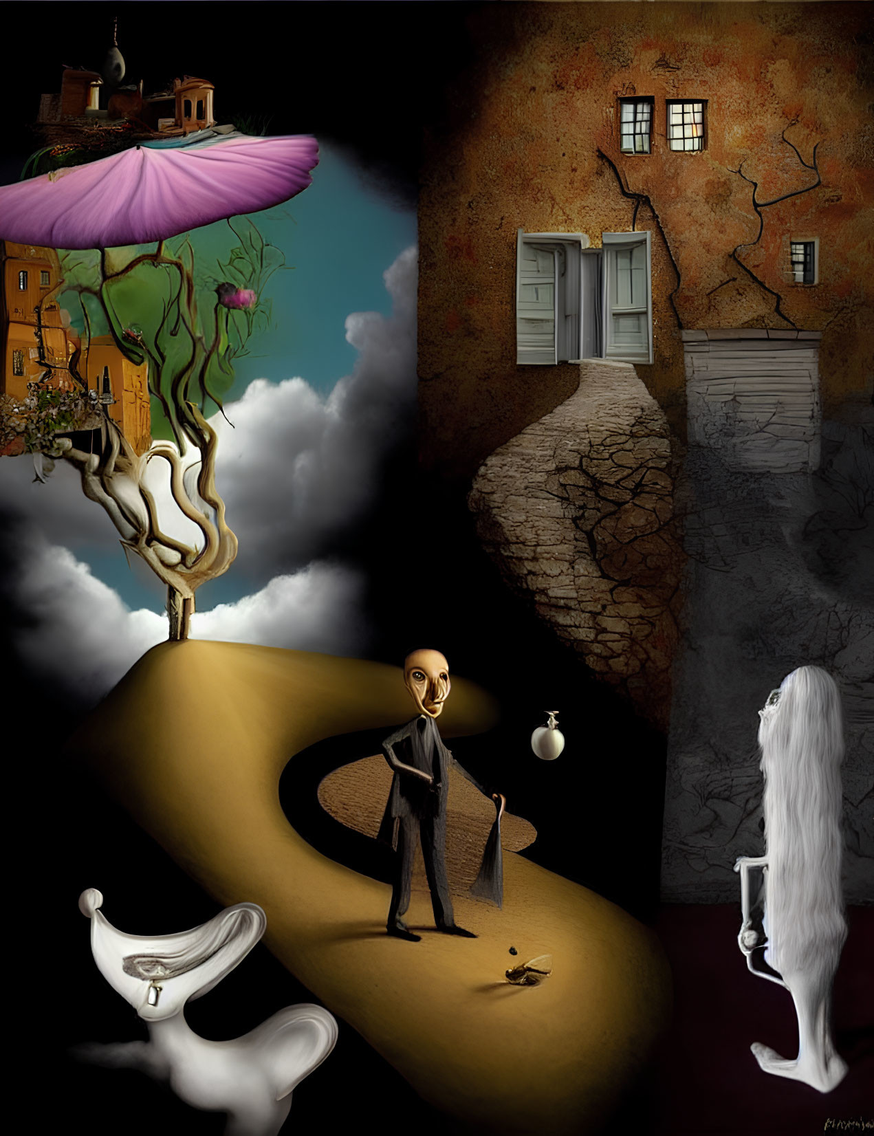 Surreal artwork: Alien figure, floating tree, cracked walls, ghostly figure, melting objects