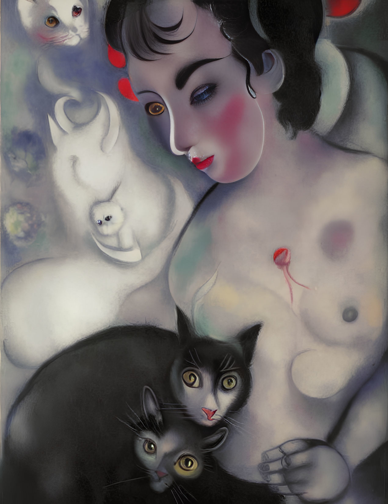 Whimsical painting of woman with rosy cheeks and cats