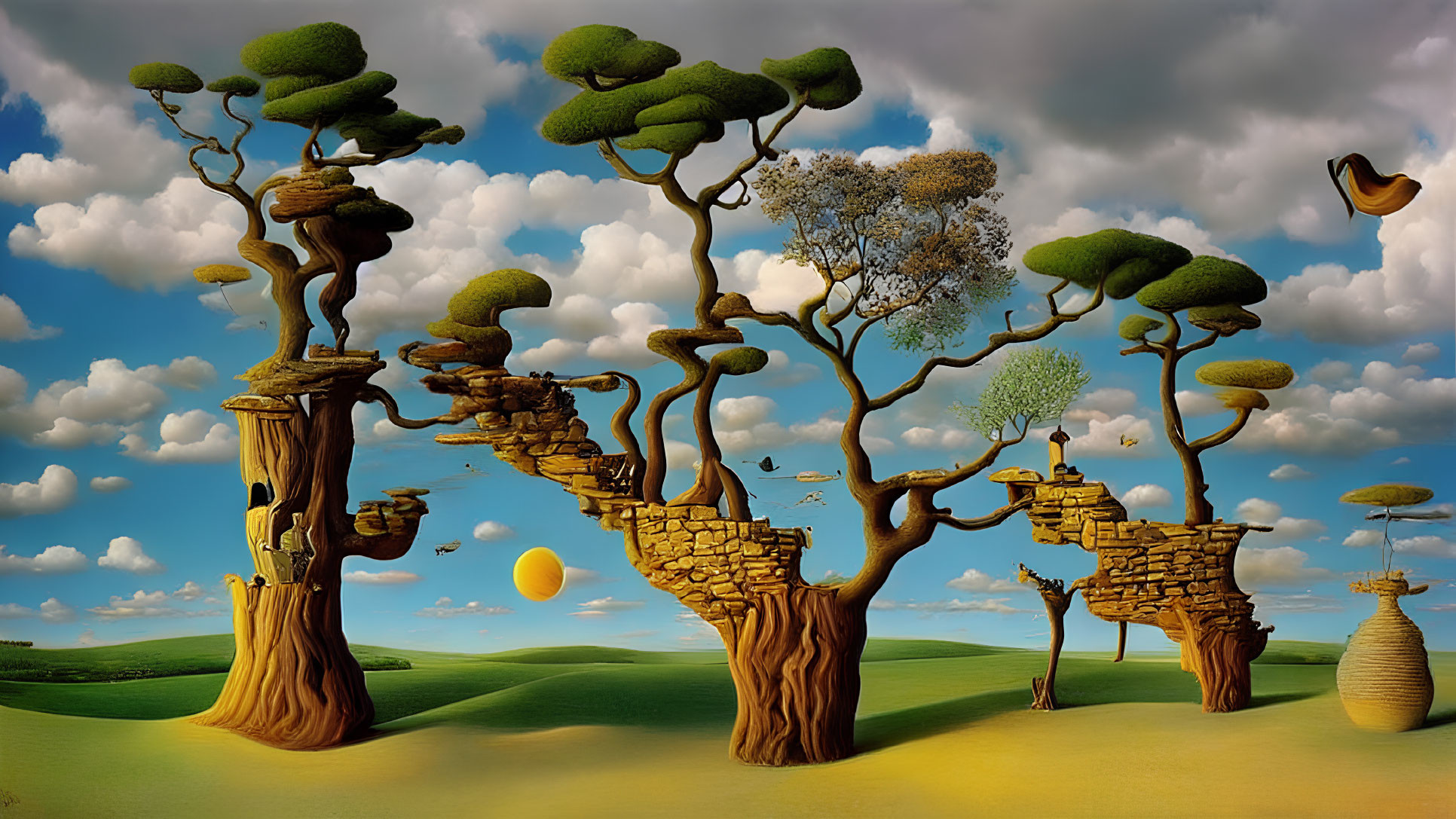 Surreal landscape with whimsical trees, golden boot, and floating yellow ball