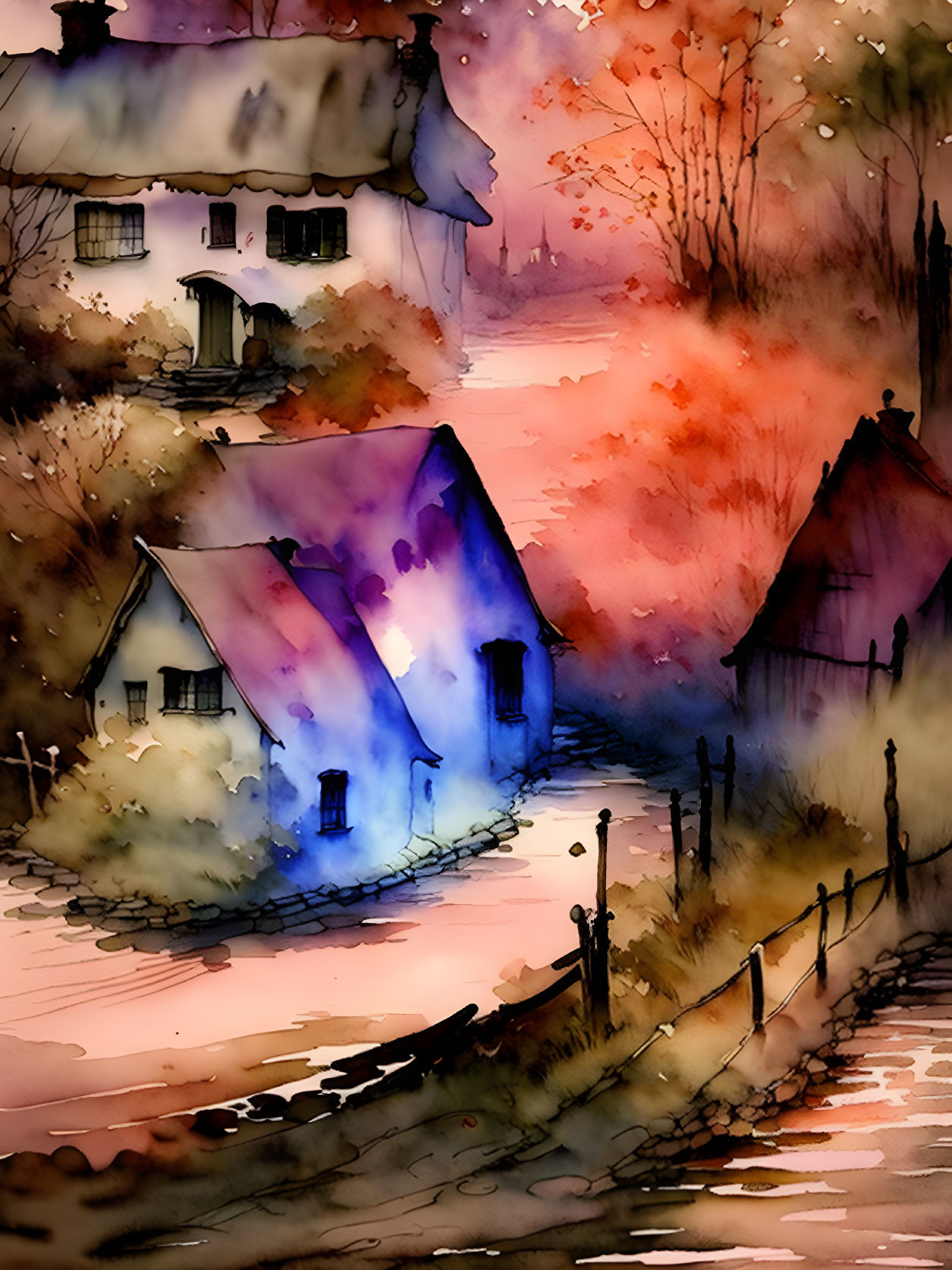 Colorful Watercolor Painting of Quaint Village