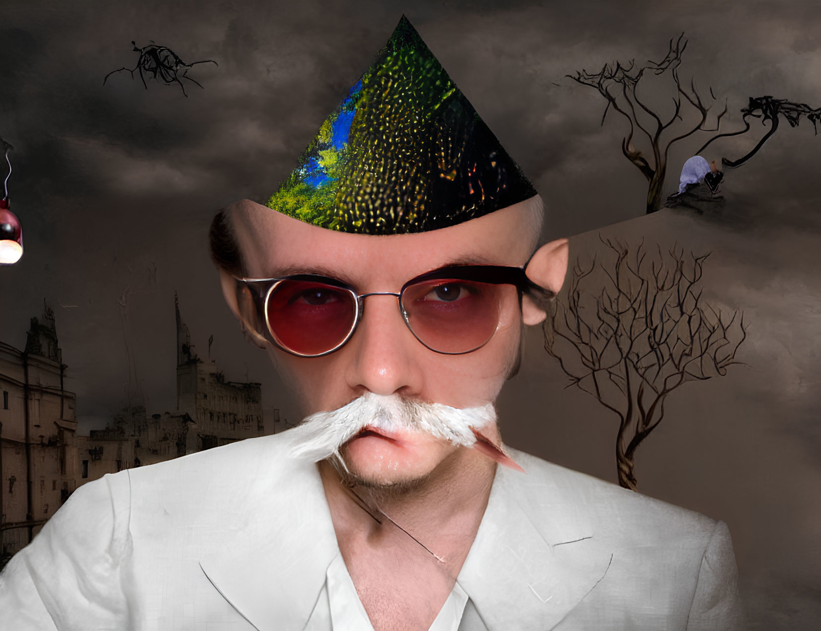 Person with fake mustache, party hat, and sunglasses in surreal setting with trees and spiders