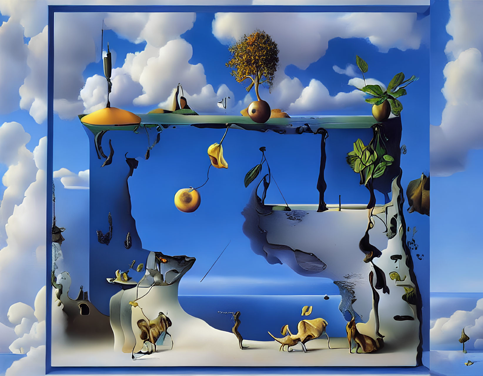 Surrealist artwork: Distorted perspectives, fruit, tree, clouds, melting objects, reflective surfaces