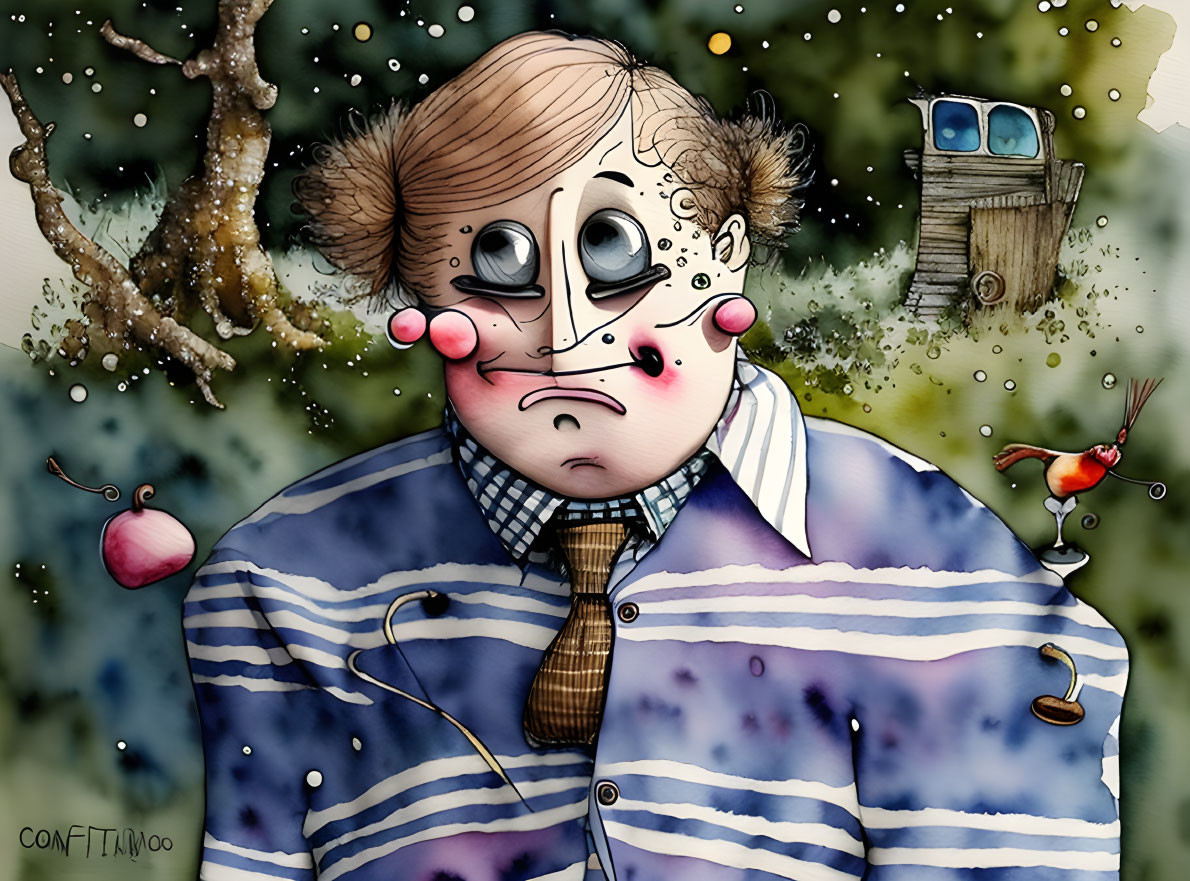 Whimsical Character in Striped Jacket with Surreal Elements