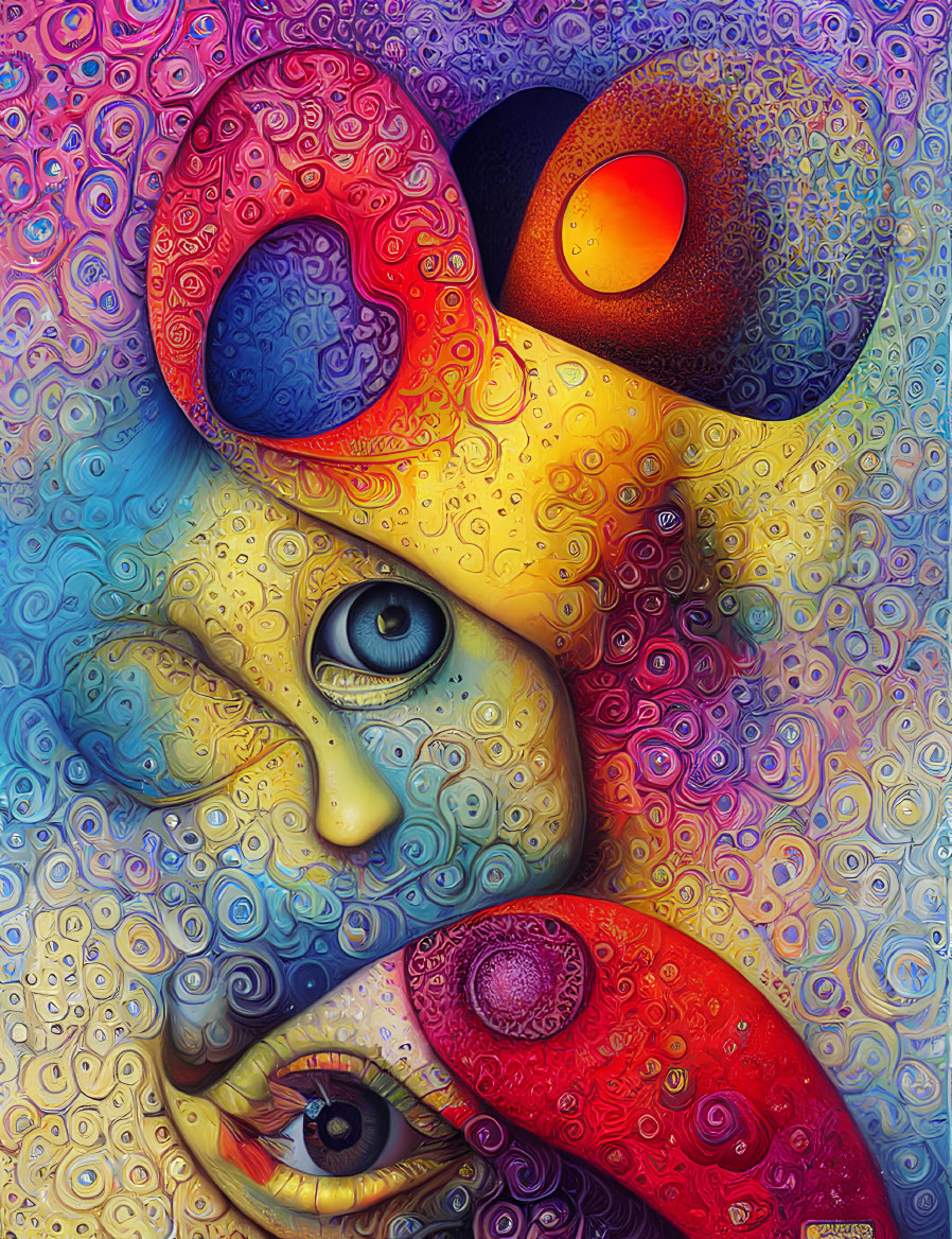 Colorful Abstract Artwork: Eyes, Swirling Patterns, Vivid Colors