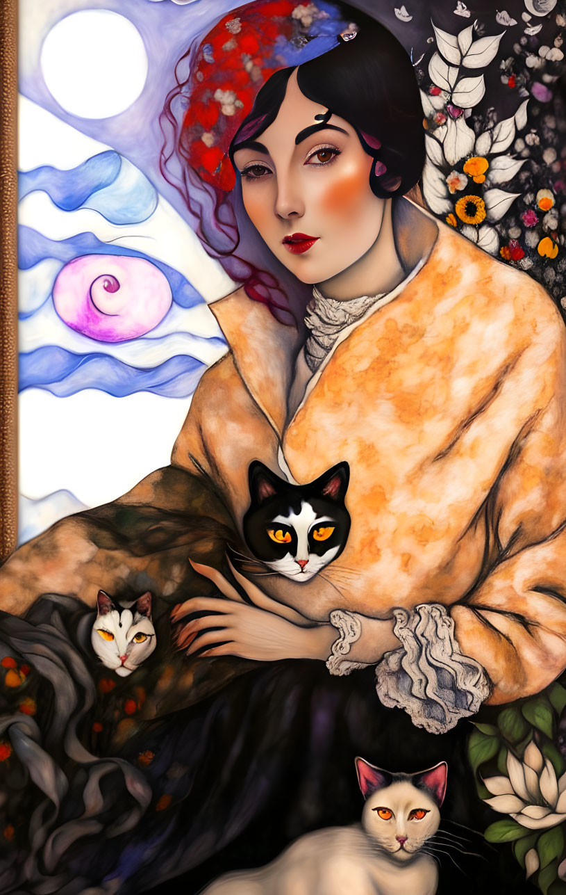 Illustration of woman with floral motifs and cats in decorative moonlit scene