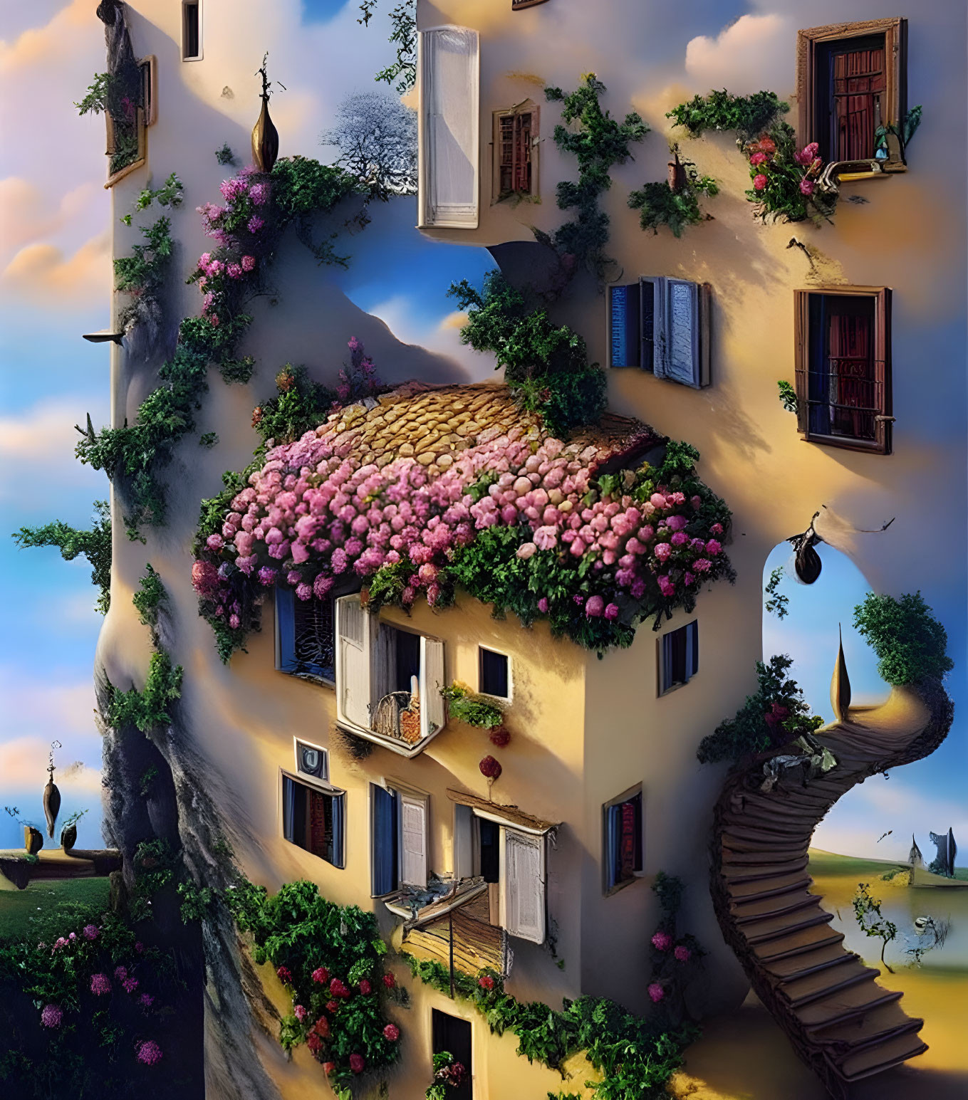 Surreal circular building with flowers and floating elements