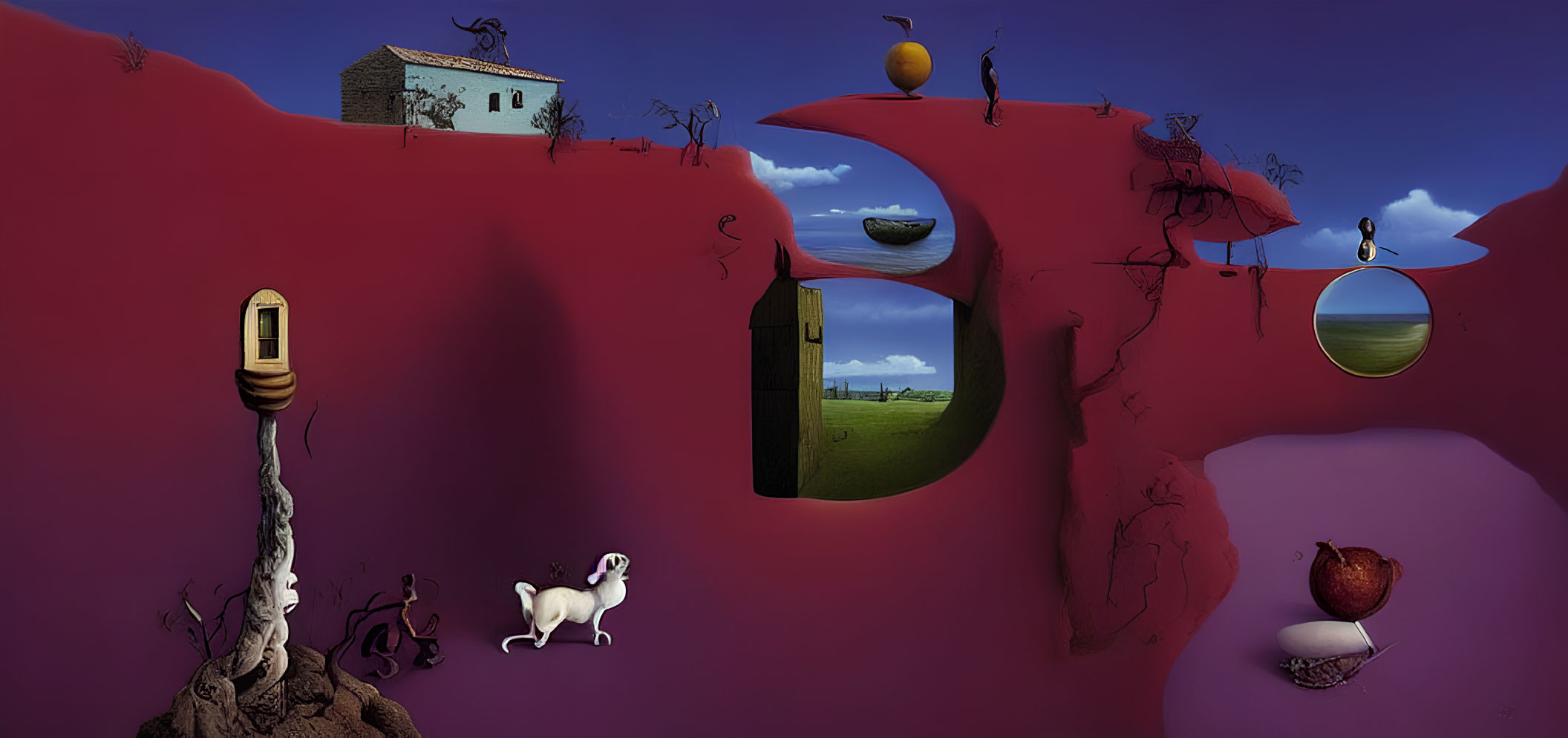 Surreal landscape with red sky, holes, white dog, and pomegranate