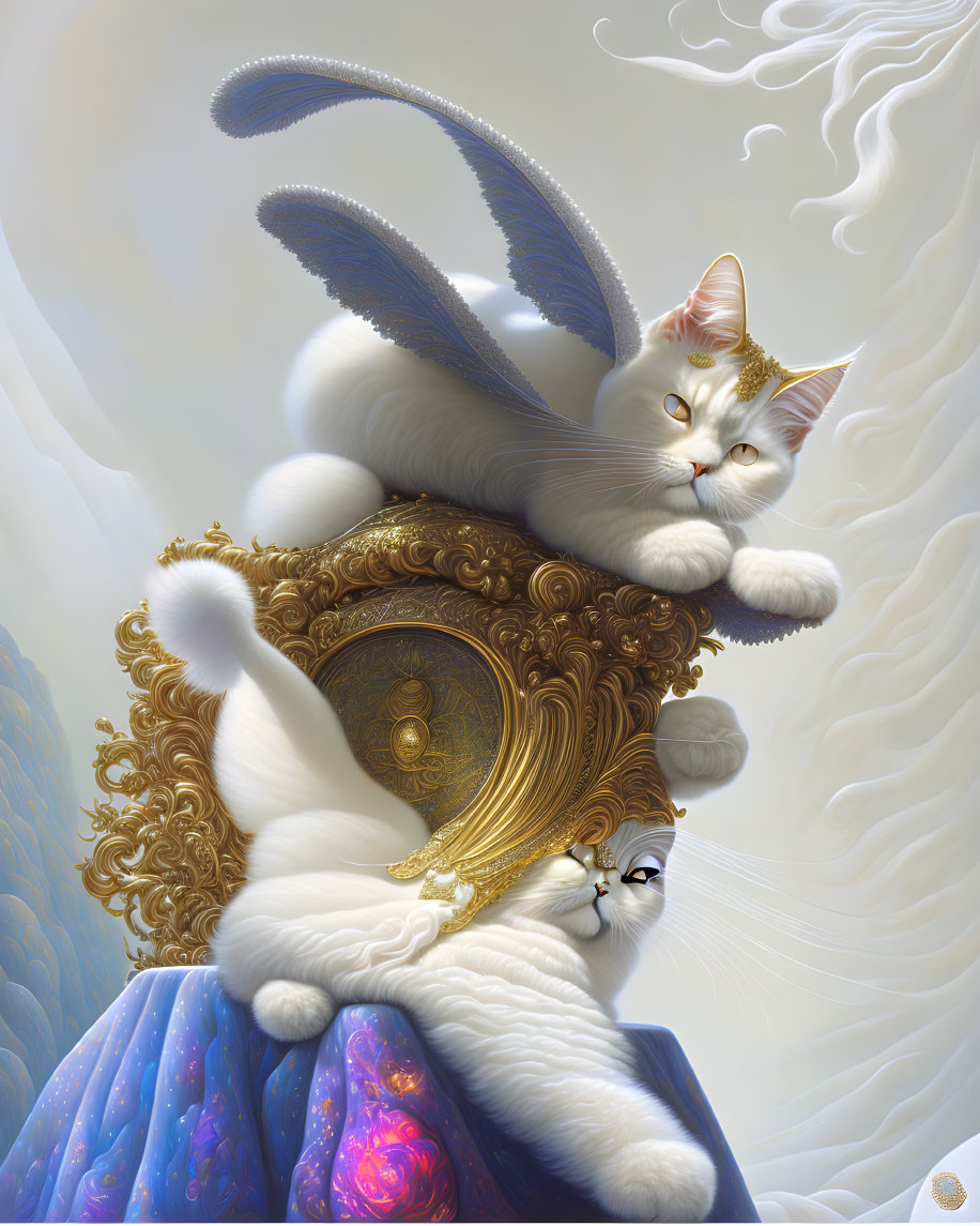 Regal cats with gold crowns on floating pillow in fantasy artwork