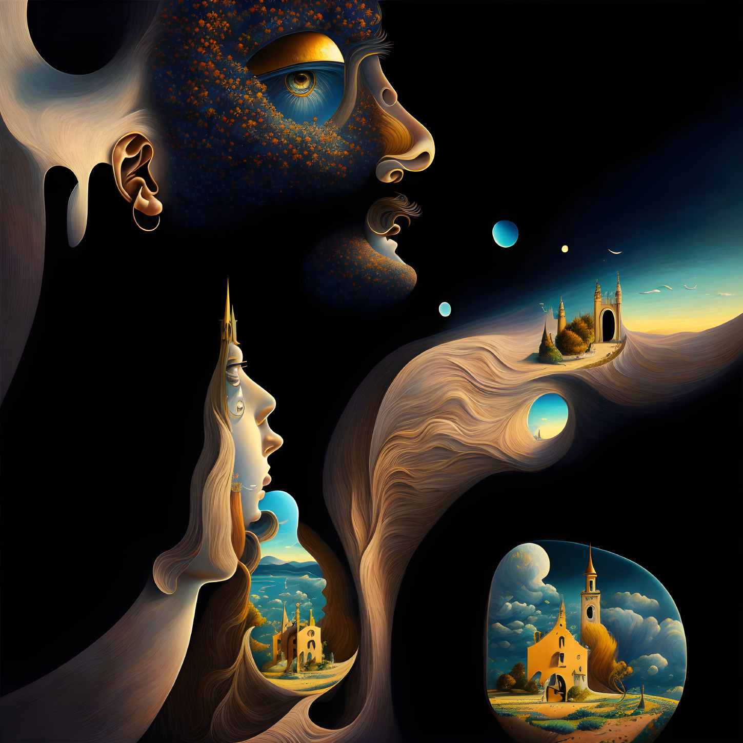 Surreal artwork: Male and female faces merge into night landscape with church scenes.