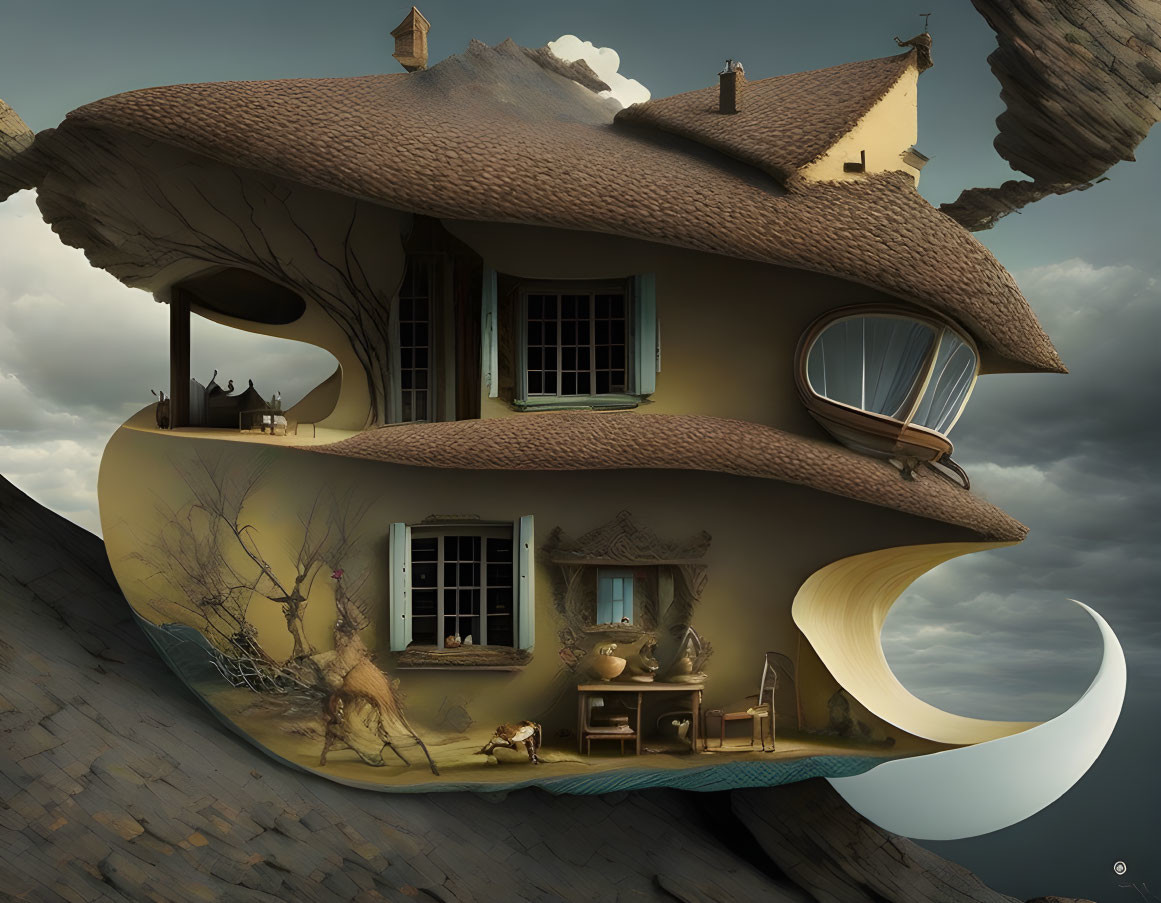 Whimsical hat-shaped house perched on rocky cliff with crescent moon foundation
