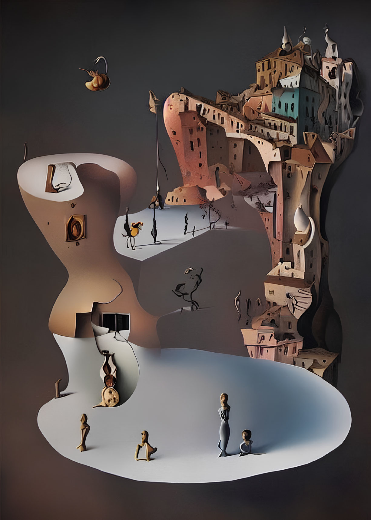 Surreal artwork with impossible structure and figures