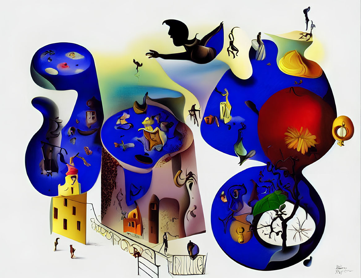 Abstract shapes, silhouetted figure, whimsical characters, and melting clock in surreal art