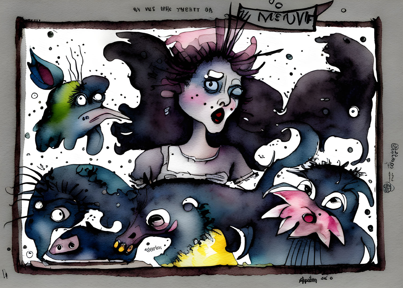 Whimsical watercolor illustration of surprised woman with quirky creatures