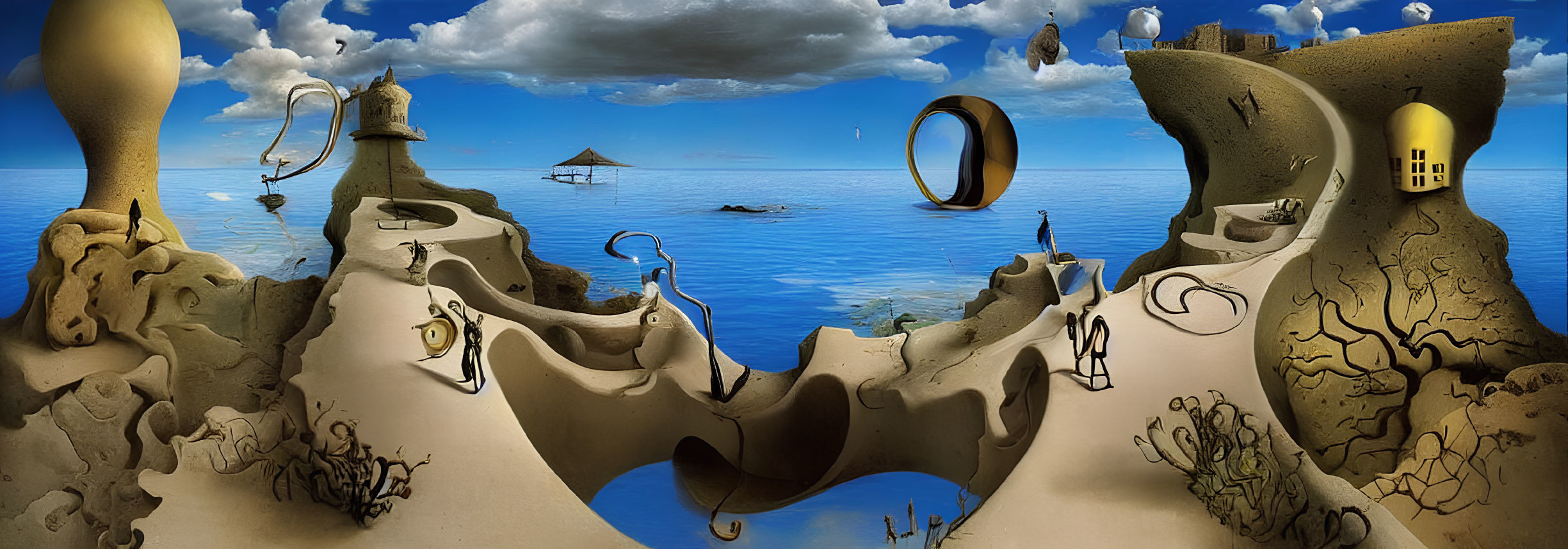 Surreal landscape featuring melting clocks, distorted desert, water bodies, and floating architectural elements