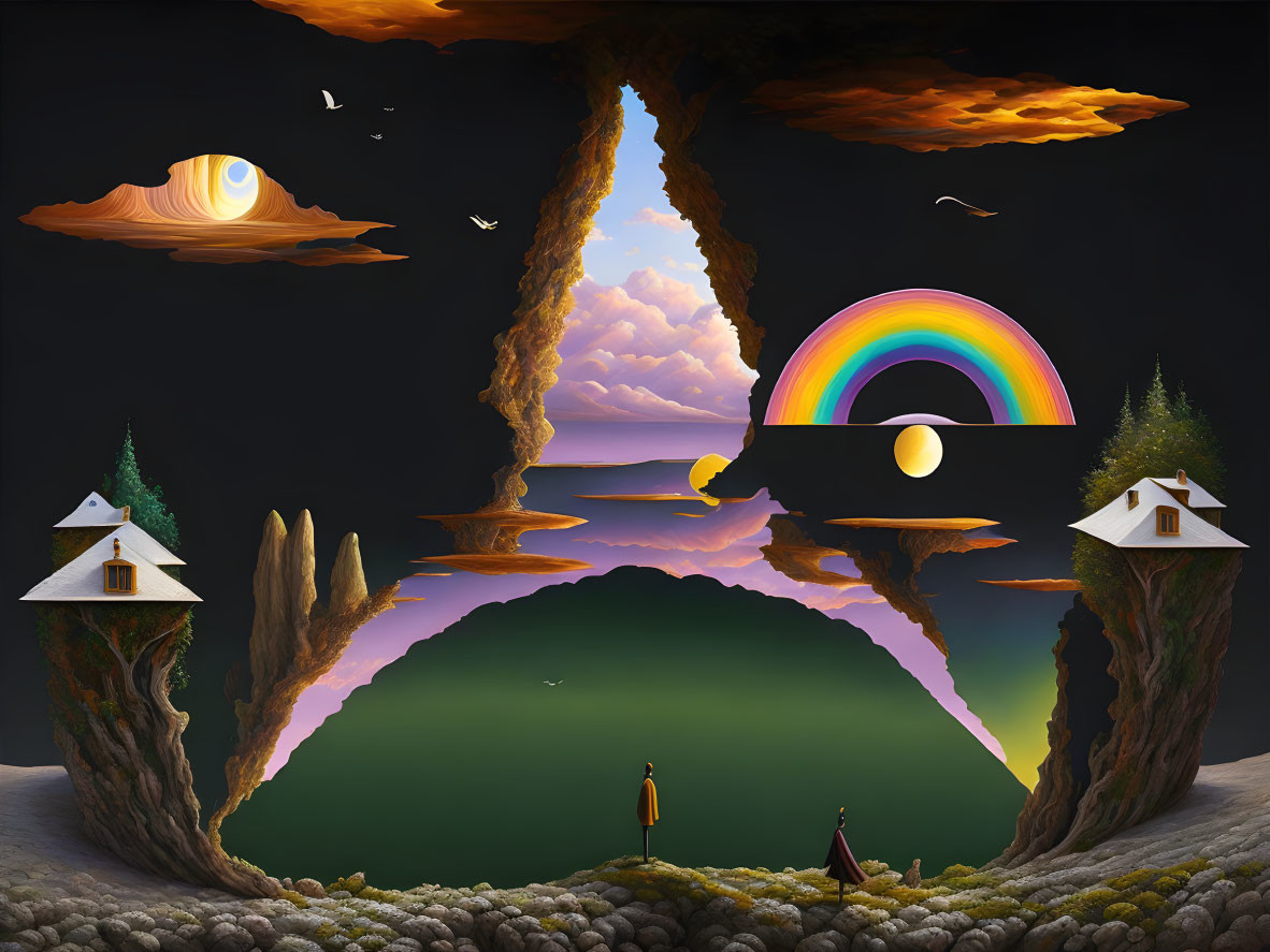 Surreal landscape with inverted cliffs, reflective lake, birds, rainbow, and celestial elements
