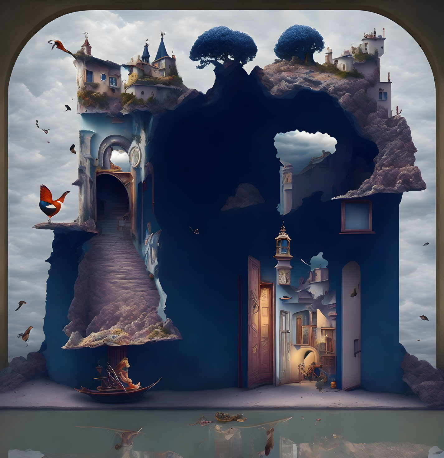 Surreal floating rocky island with whimsical buildings and boat in keyhole silhouette