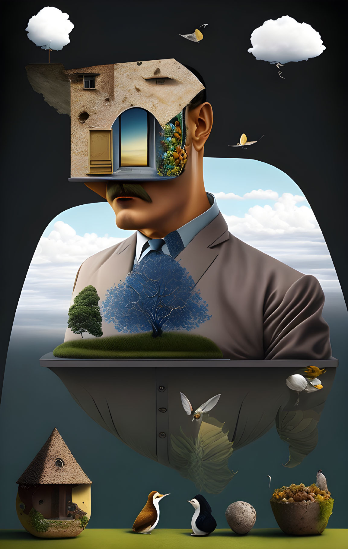 Man's portrait merged with landscape elements: house head, tree shirt, nature reflection